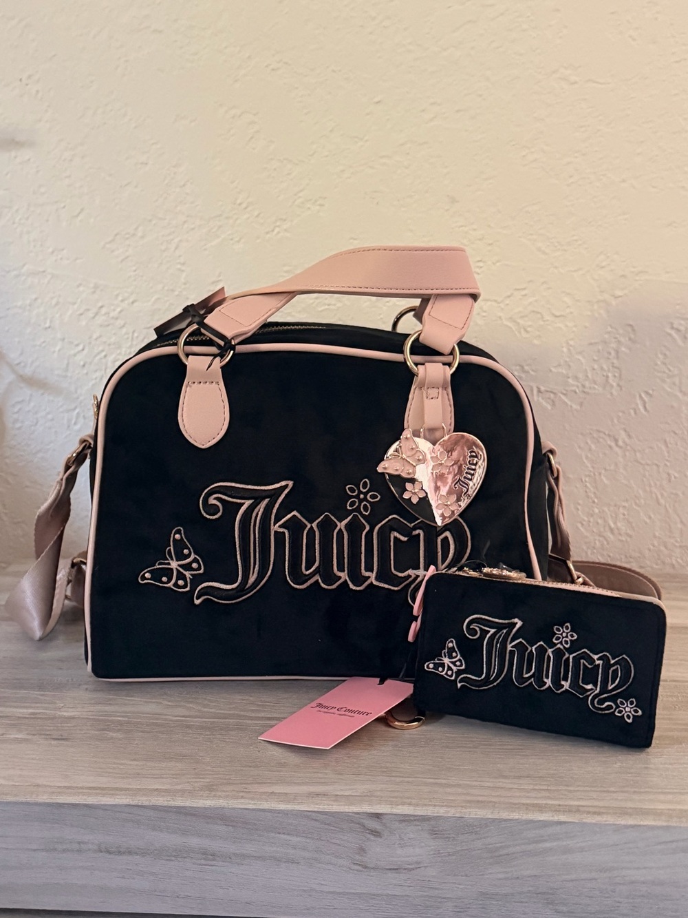 Juicy Couture Black and Blush Pink Satchel Bag with Matching Wallet